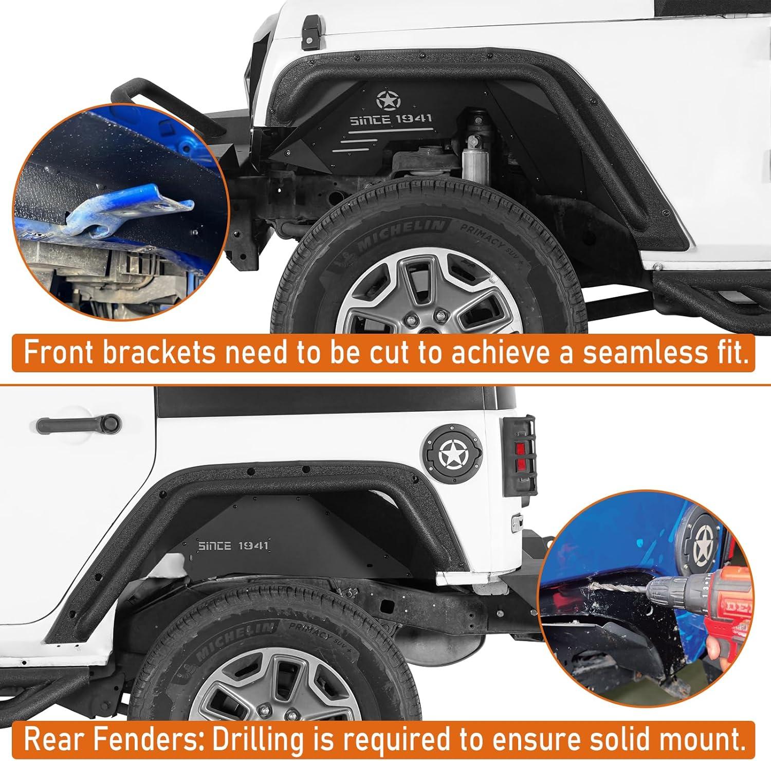 imageHooke Road JK Fender Flare Kit High Clearance Tube Fenders for 20072018 Jeep Wrangler JK JKU 24 Doors 4 PCS Set Front and Rear Wheel Well Liner Trim