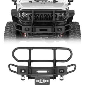 imageHooke Road JK Tube Front Bumper Brush Grille Guard for 20072018 Jeep Wrangler JK 24 Doors Solid Steel Bumper with Winch Plate LED Lights and Drings