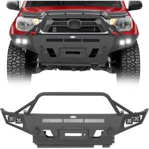 imageHooke Road Tacoma Front Bumper Bull Bar for Toyota Tacoma 2nd Gen 2012 2013 2014 2015 FullWidth Steel OffRoad Bumper with 12000lb Winch Plate 4 LED Lights amp Skid Plate
