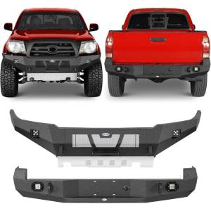 imageHooke Road Tacoma Front and Rear Bumper Set for 20052011 Toyota Tacoma 2nd Gen Pickup Solid Steel Offroad Bumpers with Skid Plate LED Lights Dring Mounts