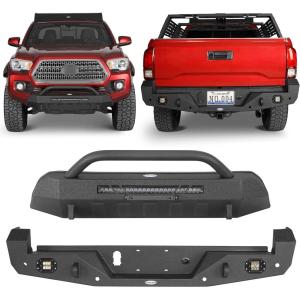imageHooke Road Tacoma Stubby Front Bumper amp Full Width Rear Bumper Kit for 20162023 Toyota Tacoma 3rd Gen Pickup Truck Textured Black Offroad Steel Bumpers wLED Lights amp Dring Mounts