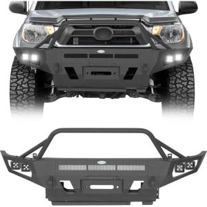 imageHooke Road 1215 Tacoma Full Width Front Bumper wTube Grille Guard for 20122015 Toyota Tacoma 2nd Gen Sturdy Steel Offroad Bumper with Winch Plate LED Lights Dring Mounts