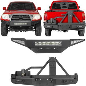 imageHooke Road Tacoma Front Bumper amp Rear Bumper wTire Carrier Combo Compatible with Toyota Tacoma 20052011 2nd Gen Pickup Truck Textured Black Steel