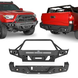 imageHooke Road Tacoma Front and Rear Bumper Set wWinch Plate amp LED Lights for 2016 2017 2018 2019 2020 2021 2022 2023 Toyota Tacoma 3rd Gen Black Steel Step Bumper