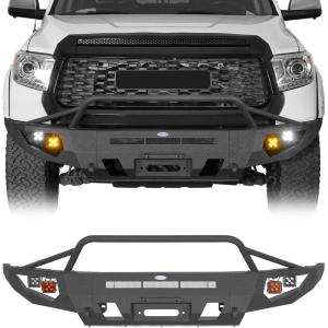 imageHooke Road Tundra Front Bumper wWinch Plate for 20142021 Toyota Tundra Regular Cab Double Cab CrewMax Offroad Steel Bumper with Brush Guard Bull Bar Skid Plate LED Lights